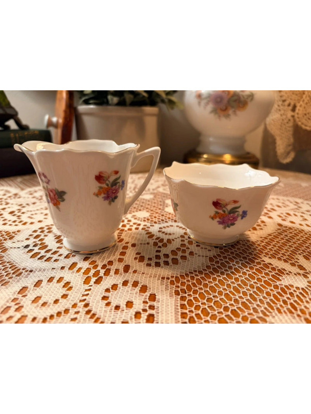 Vintage Shelton Japan Floral Creamer & Open Sugar Bowl Set Gold Trim